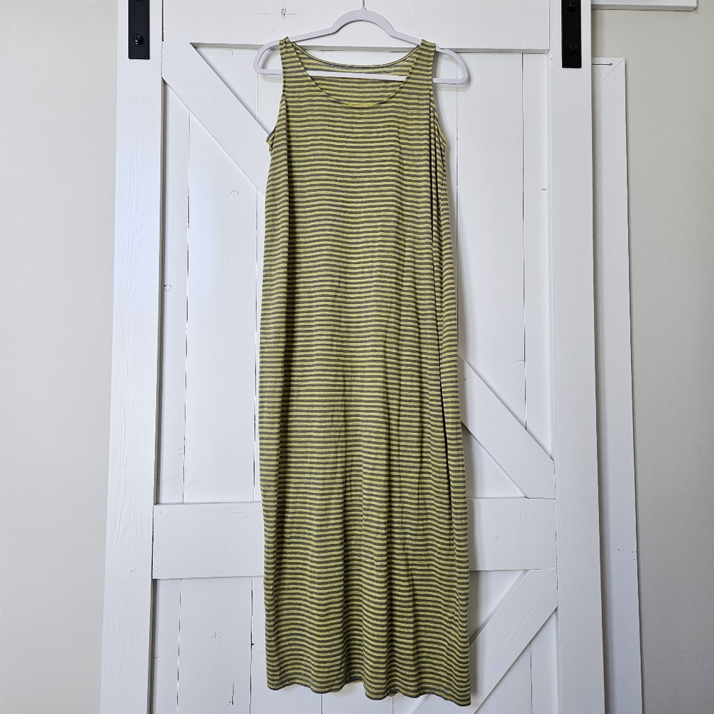 Eileen Fisher maxi dress Lagenlook 100% linen gray yellow striped size XS